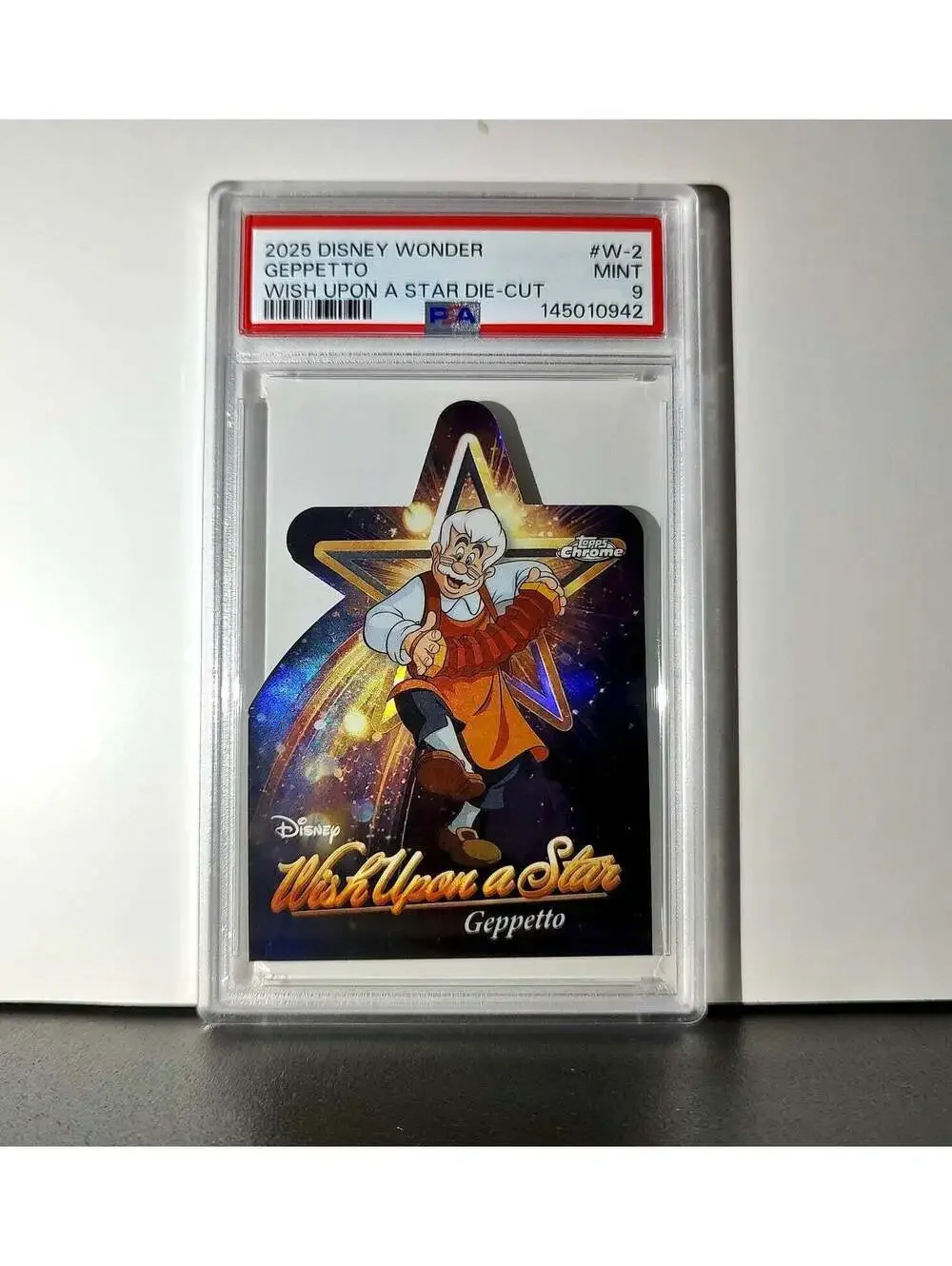 Geppetto 2025 Topps Chrome Disney #W-2 Wish Upon A Star Die Cut Pinocchio PSA 9
